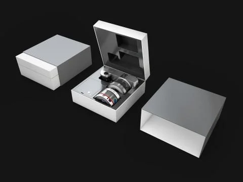 Digital photo camera in the box. isolated on white background, 3D Illustraton Stock Illustration