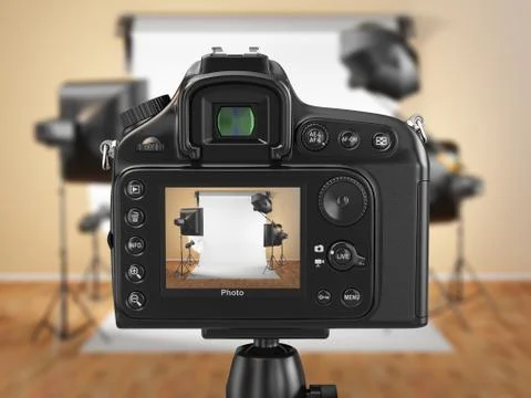 Digital photo camera in studio with softbox and flashes. Stock Illustration