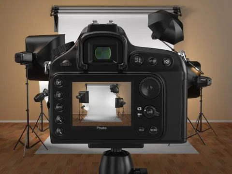 Digital photo camera in studio with softbox and flashes Stock Illustration