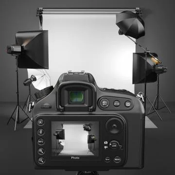 Digital photo camera in studio with softbox and flashes. Stock Illustration