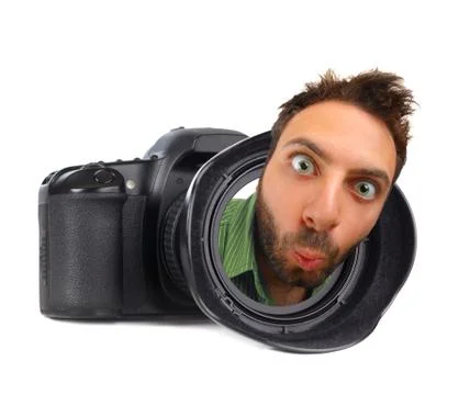 Digital photo camera with wow man Stock Illustration