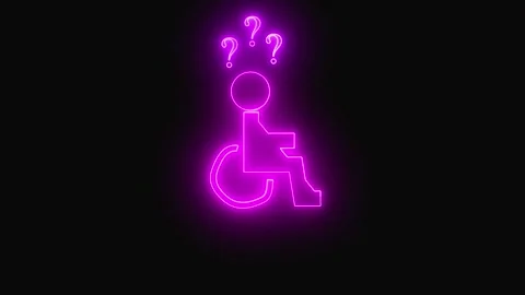 Digital pink neon question marks over wheelchair icon on dark background in.. Stock Footage 321590469