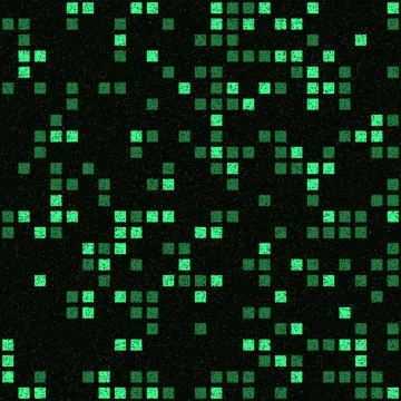 Digital pixel art abstract grid pattern glowing green on black background Stock Illustration
