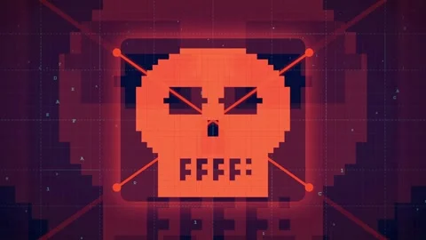 Digital Pixel Art Skull Glitch Animation with Red Cyberpunk HUD Interface and Stock Footage 336776754