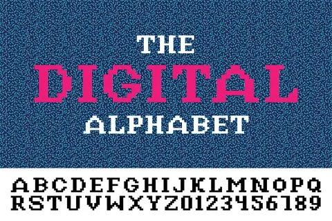 Digital pixel font. Vector English modern creative alphabet. Bold black Latin 库存插图