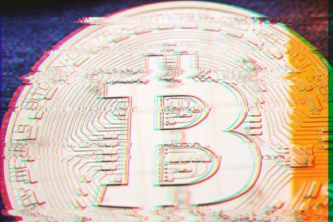 Digital pixel glitch , error effect of golden bitcoin coin with a numbers ref Stock Photos