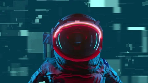 Digital Pixel Noise Glitch Art Effect On The Astronaut In Space With Neon Lights Stock Footage