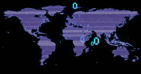 Digital pixel world map floating in cyber interface, showing glowing binary Stock Footage 307428533