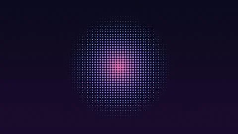 Digital pixelated light sphere glowing purple pink center on dark gradient .. Stock Illustration