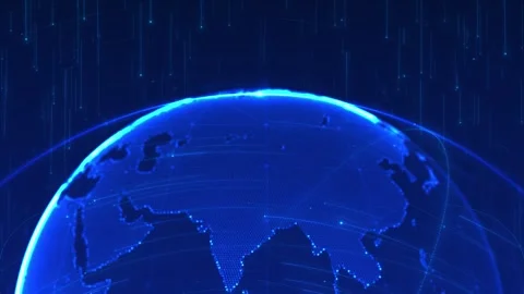Digital planet connection visual blue earth arc, Asia region dots, falling data Stock Footage 340528330