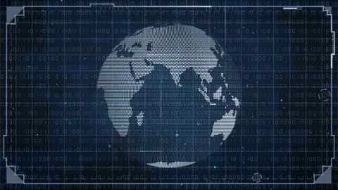 Digital planet earth globe rotating against a dark blue background filled with Stock Footage 346969256
