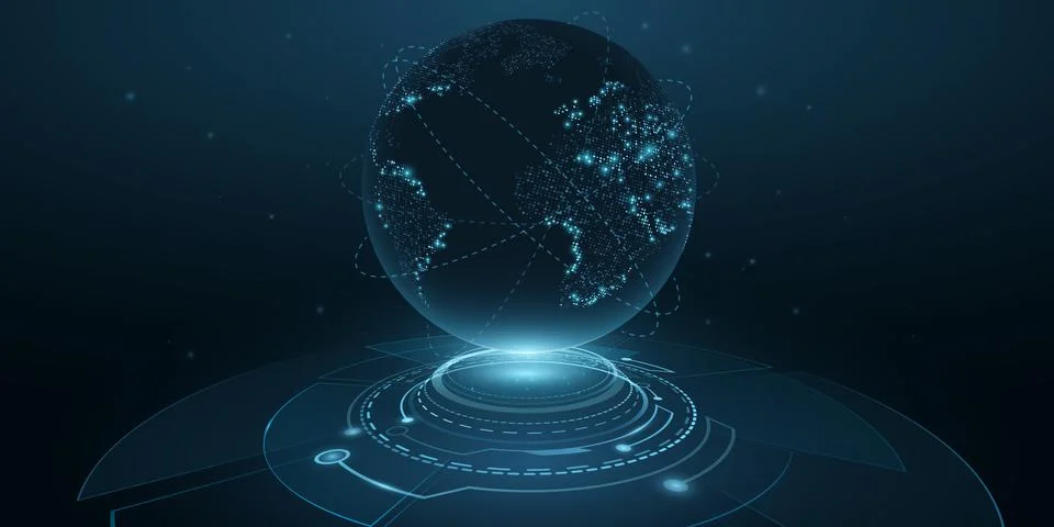 Digital planet Earth with HUD interface. Globe hologram. 3D futuristic dot wo Stock Illustration