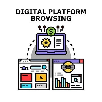 Digital platform browsing connecting diverse online services Illustrazione stock