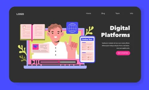 Digital Platforms concept An instructor points to educational icons on a Stock Illustration