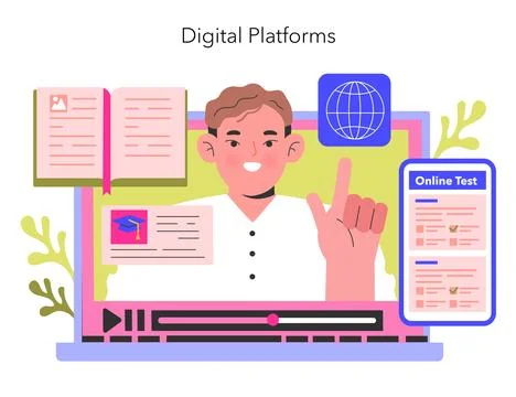 Digital Platforms concept An instructor points to educational icons on a Stock Illustration