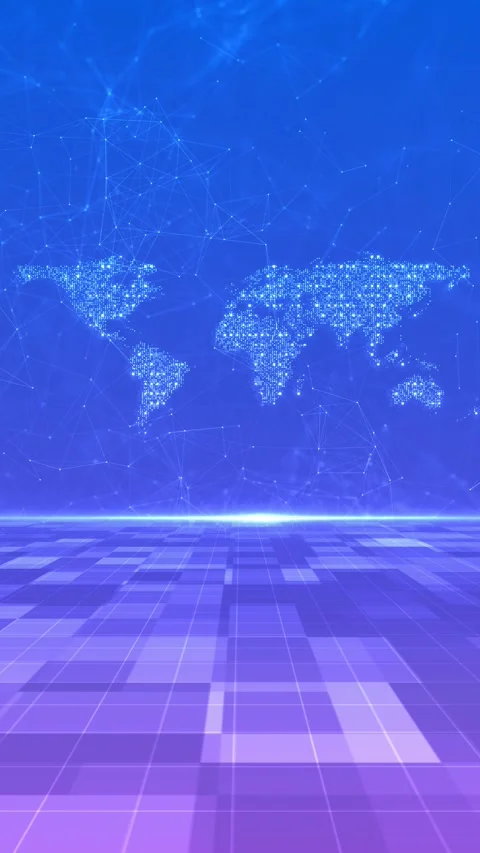 Digital Plexus World Map Animation with Perspective Floor Grid Video stock 315405218