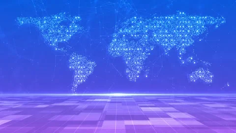 Digital plexus world map glowing network over perspective grid floor Video stock 315405203