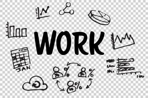 Digital png black text of work and different things on transparent background Illustrazione stock