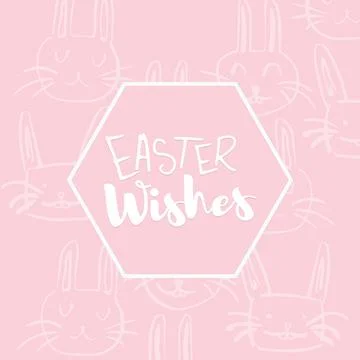 Digital png easter wishes text in white hexagon and pink rabbits on transparent Illustrazione stock