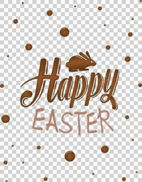 Digital png of happy easter text in brown with rabbit and chocolates on Stock Illustration