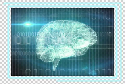 Digital png illustration of binary code and brain on transparent background Illustrazione stock
