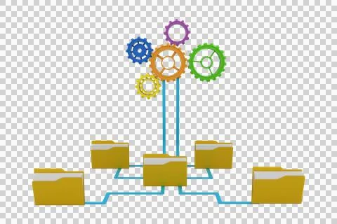Digital png illustration of colourful cogs and folders on transparent background Stock Illustration