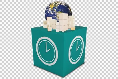 Digital png illustration of cube with clock, boxes and globe on transparent Stock Illustration