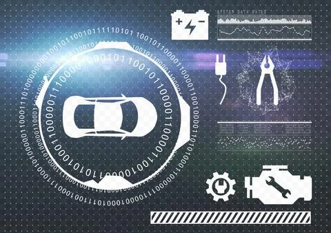 Digital png illustration of data processing and car icons on transparent Stock Illustration