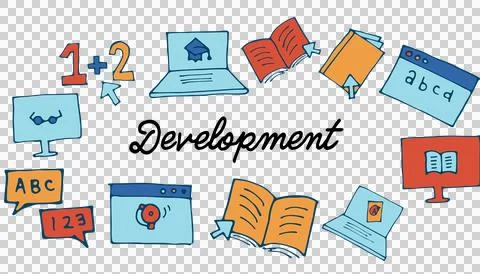 Digital png illustration of development text with screens and shapes on 스톡 일러스트