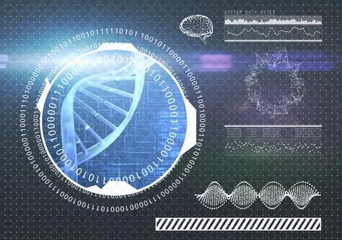Digital png illustration of digital interface with data processing and dna on イラスト素材