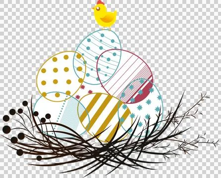 Digital png illustration of easter eggs and chick on transparent background 스톡 일러스트