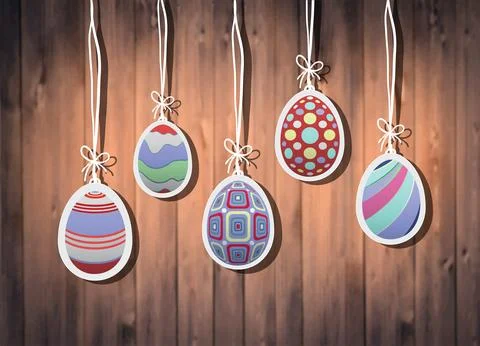 Digital png illustration of easter eggs hanging and wooden wall on transparent Illustrazione stock