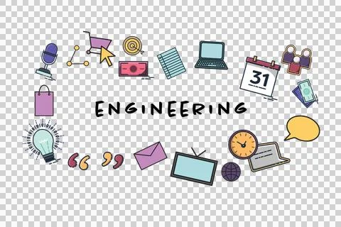 Digital png illustration of engineering text with icons on transparent Stock Illustration