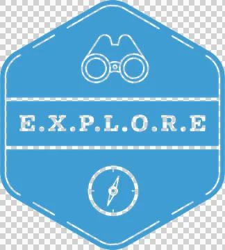 Digital png illustration of explore text, binoculars and compass on sign, on Stock Illustration