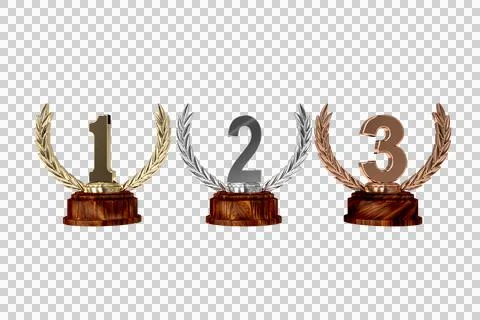 Digital png illustration of first, second and third place cups on transparent Stock Illustration