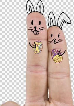 Digital png illustration of hand with easter bunnys on transparent background Stock Illustration