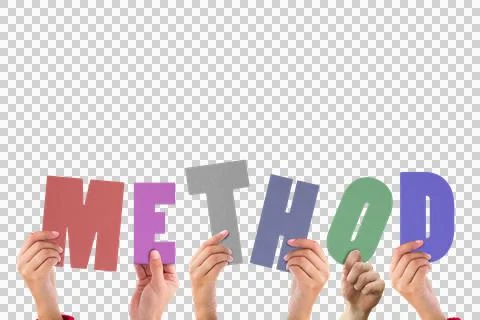 Digital png illustration of hands with method text on transparent background Stock Illustration