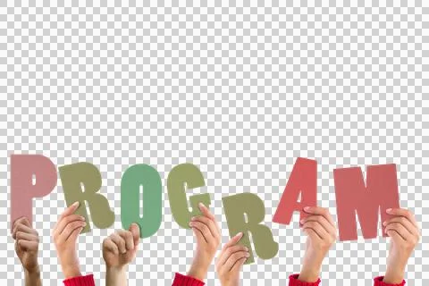 Digital png illustration of hands with program text on transparent background Stock Photos