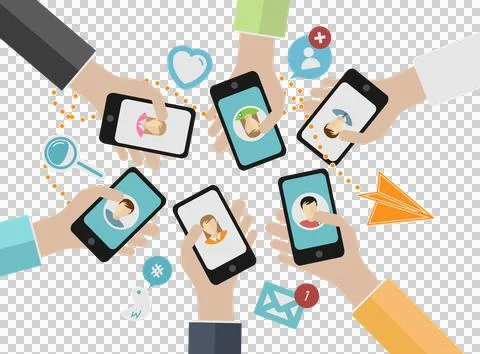Digital png illustration of hands using smartphones for social media apps on Stock Illustration