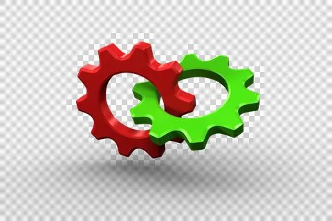 Digital png illustration of interlinked red and green cog on transparent Stock Illustration