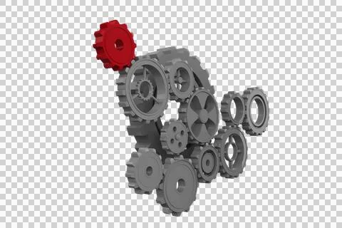 Digital png illustration of interlinked red and grey cogs on transparent Stock Illustration