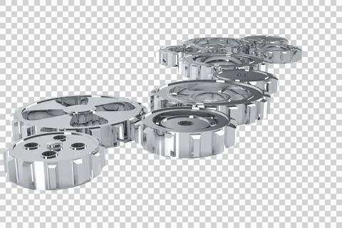 Digital png illustration of interlocking chrome cogs on transparent background Stock Illustration