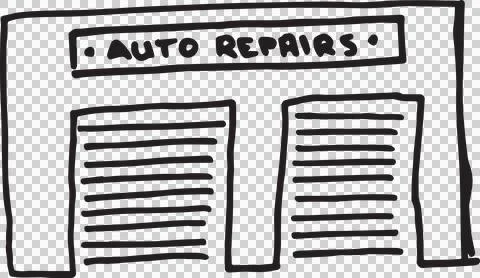 Digital png illustration of workshop elevation with auto repairs text on Stock Illustration