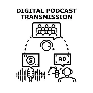 Digital podcast transmitting connecting audience and monetizing content Stock Illustration