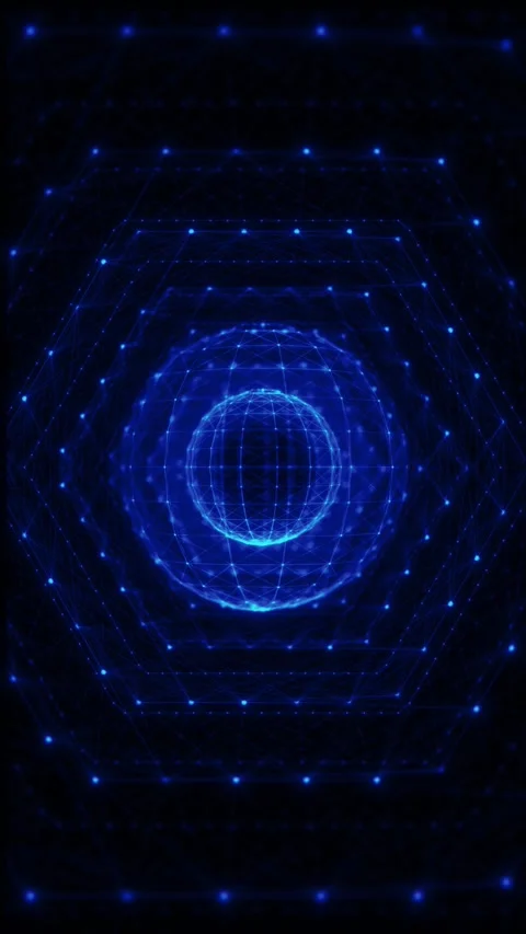 Digital polygon globe portal visual blue wire mesh, connected nodes, deep tunnel Stock Footage 340557454