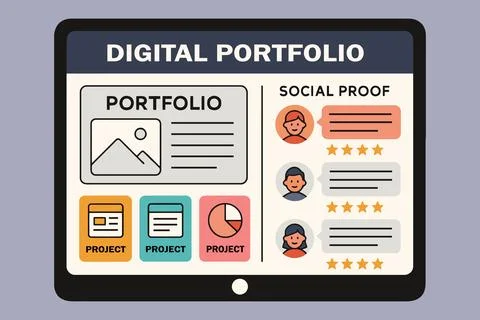 Digital portfolio showcase on tablet screen with social proof elements イラスト素材
