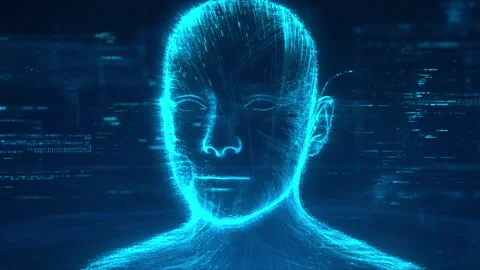 Digital portrait blending data tech visuals with components produced by generati Video stock 312631123