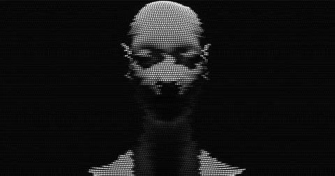 A digital portrait of a person created using white dots on a black background Stock Illustration