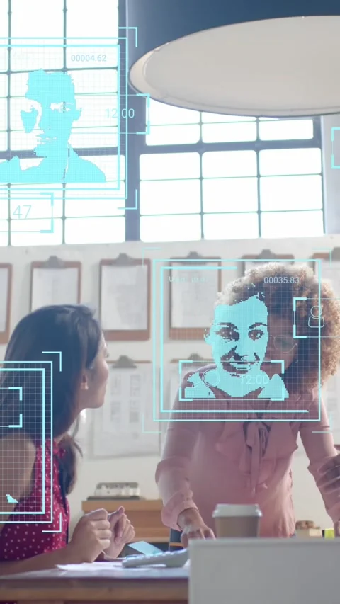 Digital portraits and data over diverse architects discussing blueprints at 動画素材 320165244