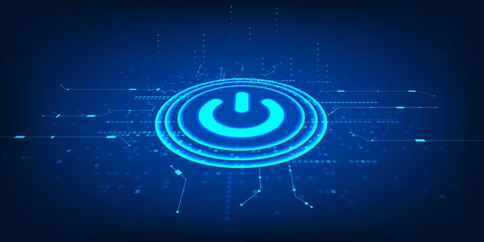 Digital Power Button Switch with Connected Circuit Network, Turning On Inno.. Stock Illustration